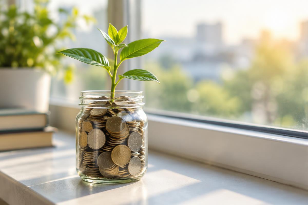 Jonge plant groeit uit een glazen pot met munten op de vensterbank