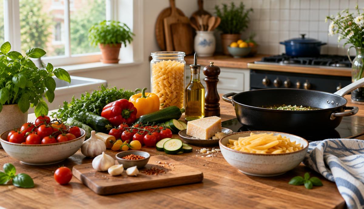 Houten aanrecht met verse groenten, pasta en een koekenpan in een lichte keuken