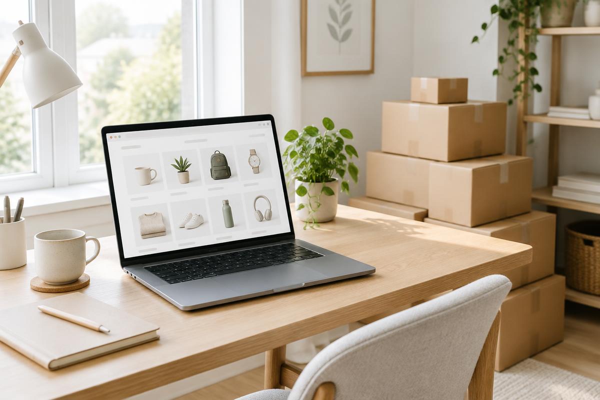 Laptop met een webshop op het scherm naast gestapelde verzenddozen op een houten bureau