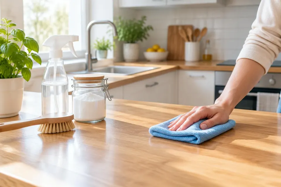 Hand neemt een houten aanrecht af met een blauwe microvezeldoek naast een plantspuit en een pot baking soda