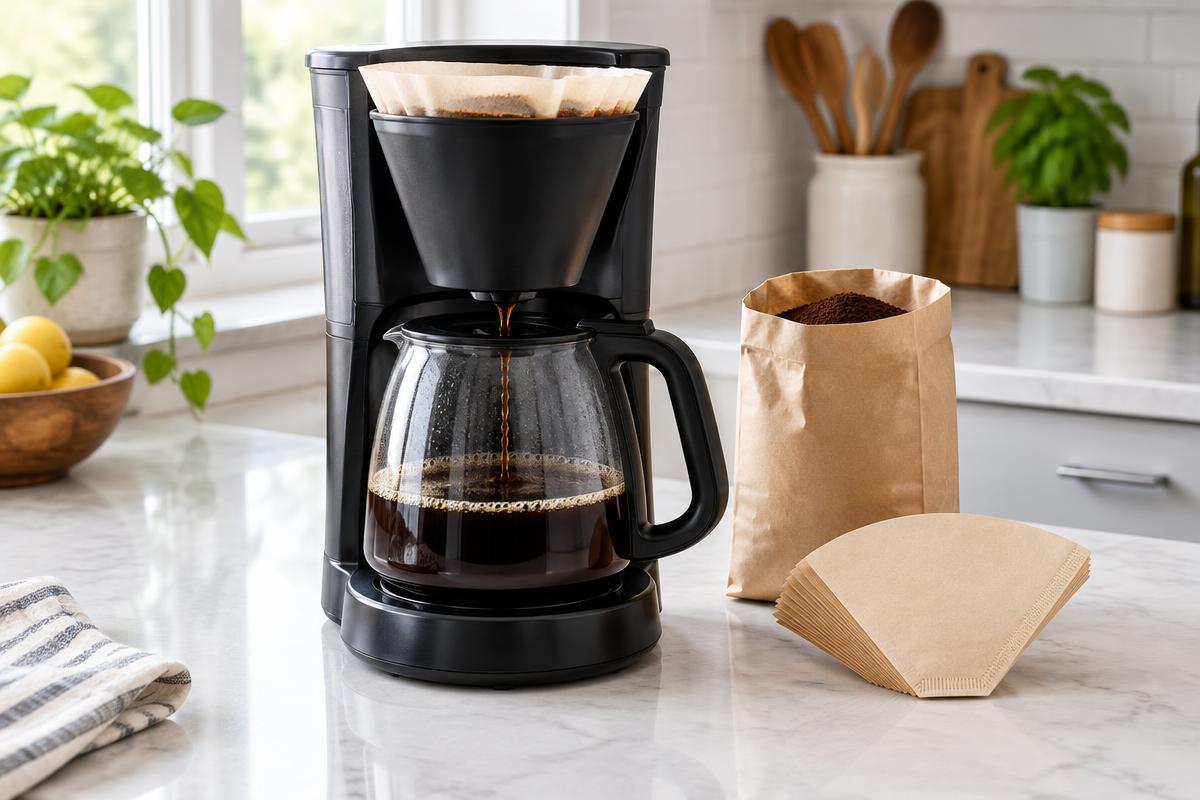 Filterkoffiezetapparaat zet koffie in een glazen kan, met papieren filters en een zak gemalen koffie ernaast