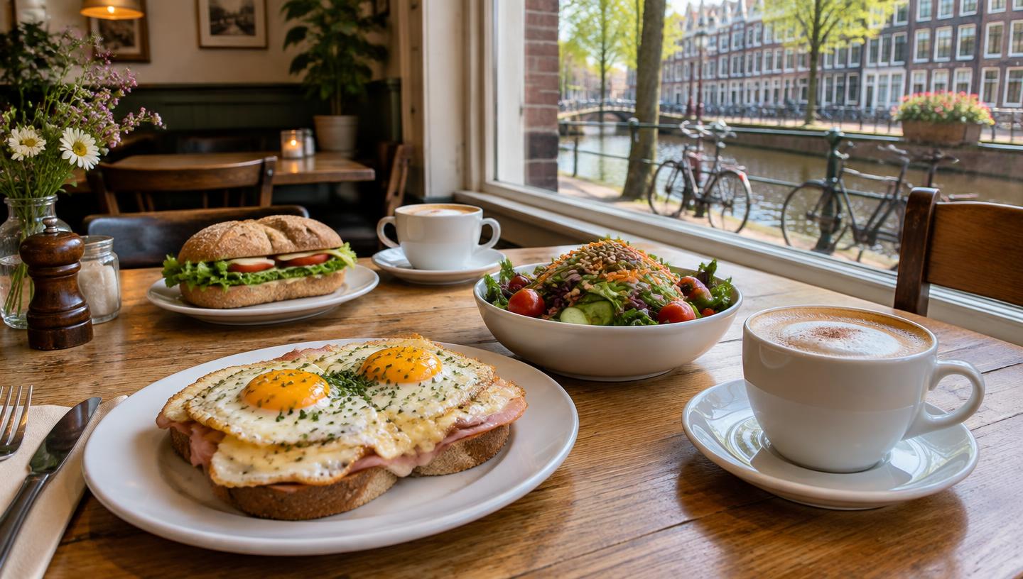 Uitsmijter, broodje, salade en cappuccino op een houten tafel in een lunchroom aan de gracht