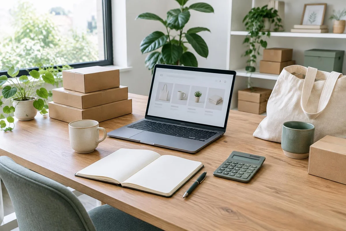 AI-illustratie van een webshopwerkplek met laptop, rekenmachine, notitieboek en verzenddozen