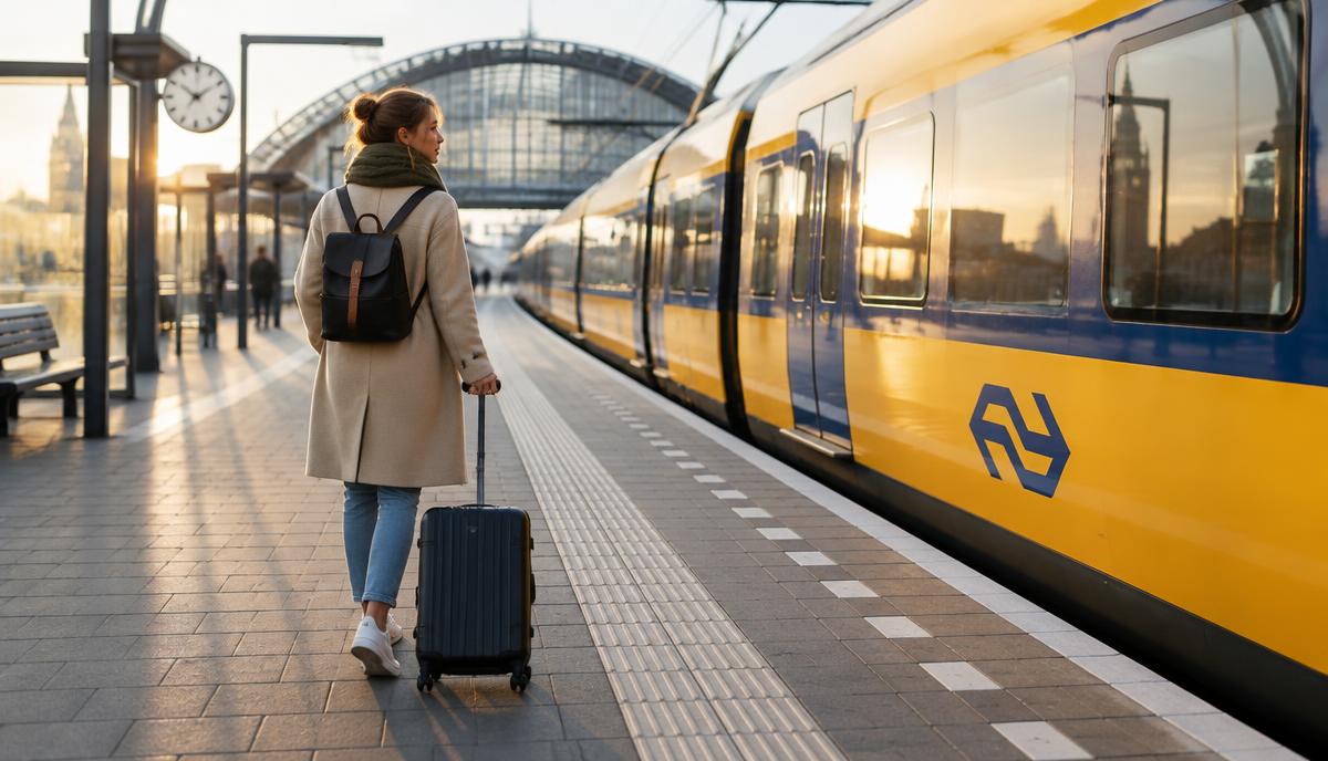Reiziger met koffer op een Nederlands treinstation in ochtendlicht