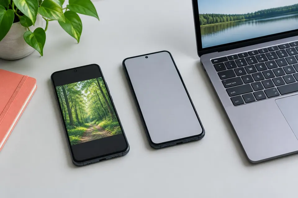 Illustratie van twee smartphones en een laptop voor draadloos bestanden delen; AI-gemaakt, geen specifiek Apple-model.