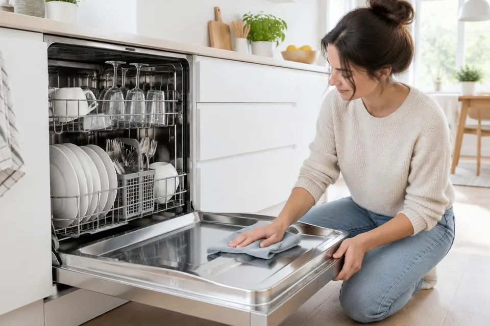 Vrouw maakt een geopende vaatwasser schoon met een doek in een lichte moderne keuken