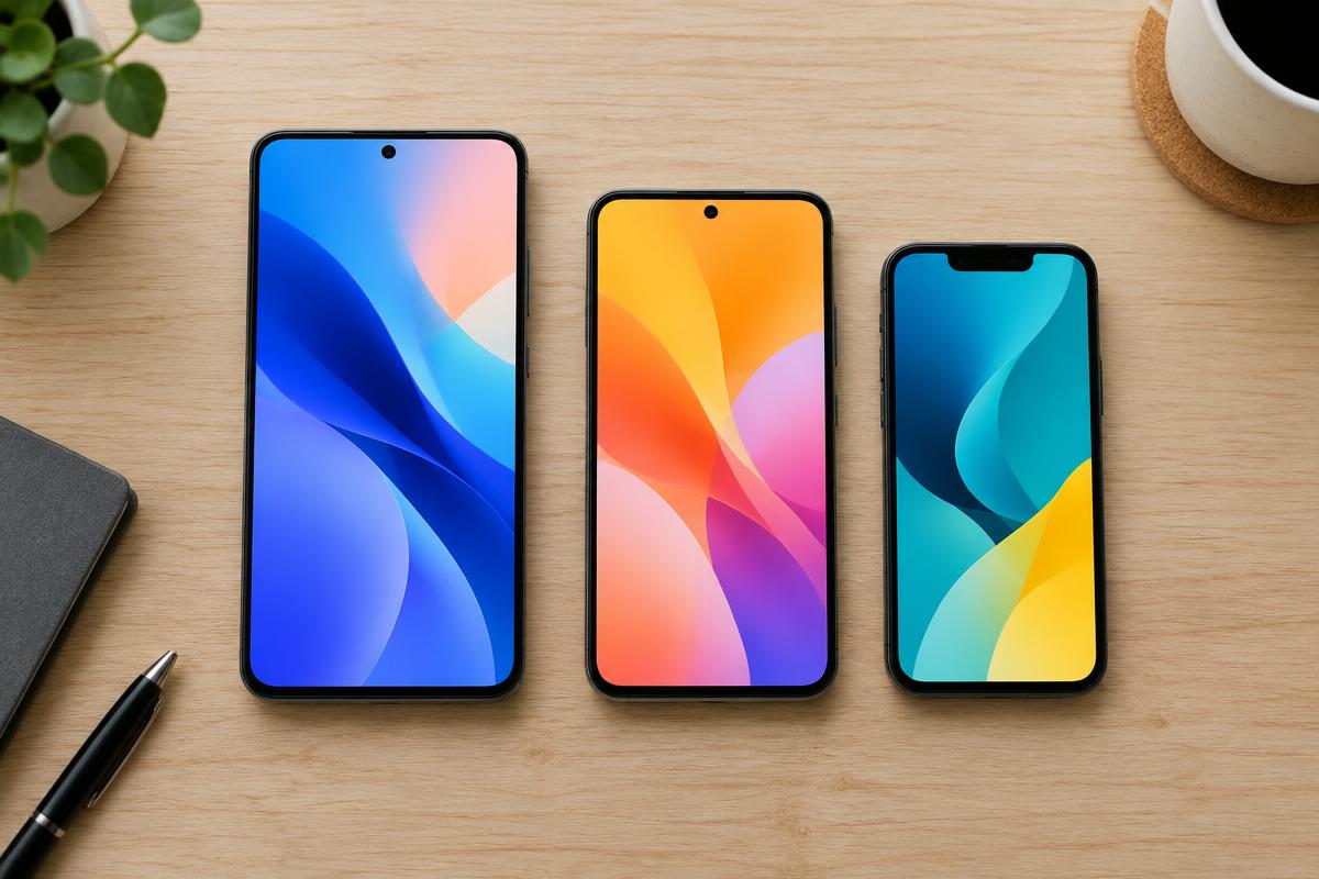 Drie smartphones van verschillende formaten naast elkaar op een houten bureau