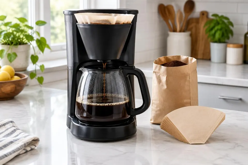 Filterkoffiezetapparaat zet koffie in een glazen kan, met papieren filters en een zak gemalen koffie ernaast