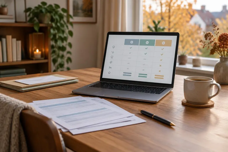 Bureau met laptop, verzekeringsdocumenten, pen en kop koffie bij het vergelijken van zorgverzekeringen
