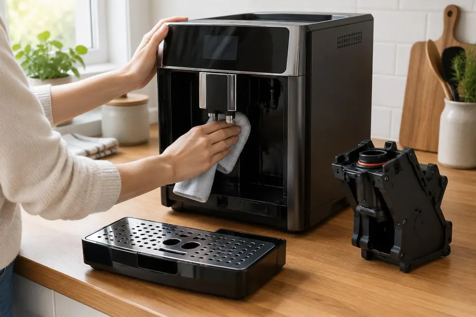 Volautomatische koffiemachine wordt met een doek gereinigd, met losse lekbak en zetgroep op het aanrecht