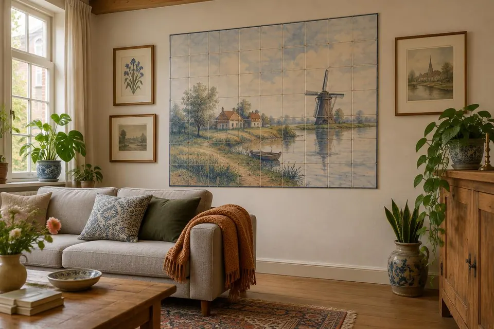 Woonkamer met een groot tegeltableau van een Hollands landschap met molen boven een bank