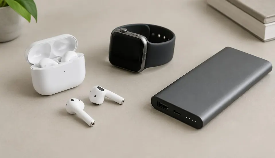 Draadloze oordopjes, smartwatch en powerbank op een minimalistisch bureau