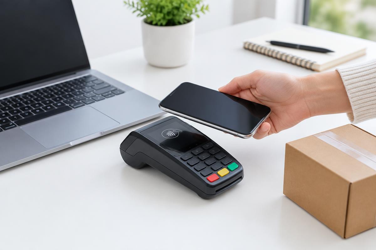 Hand houdt een smartphone boven een betaalterminal naast een laptop en een pakketje