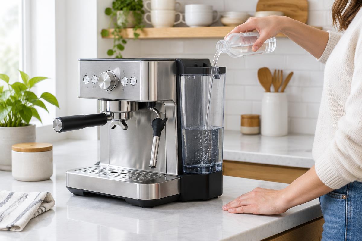Ontkalkingsmiddel wordt in het waterreservoir van een espressomachine gegoten