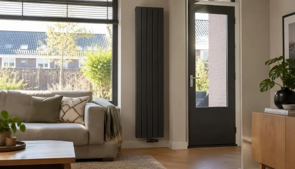 Slanke antraciet verticale radiator op een smalle wand tussen raam en deur in een moderne woonkamer