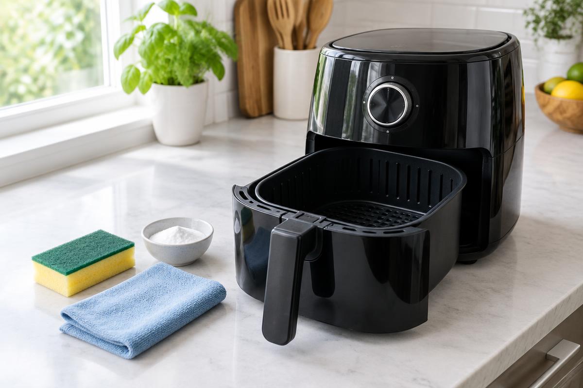 Schone zwarte airfryer met uitgetrokken mandje op een keukenblad, met een spons, baking soda en een microvezeldoek ernaast