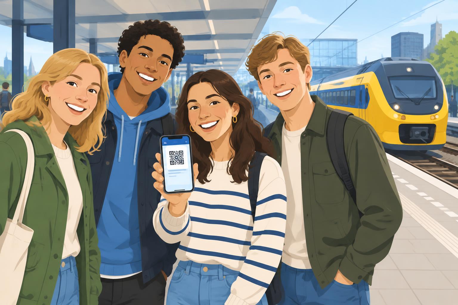 Illustratief AI-beeld van vier vrienden op een treinperron met een e-ticket op een telefoon en een geel-blauwe trein op de achtergrond