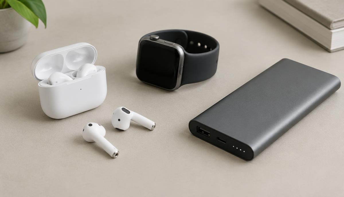 Draadloze oordopjes, smartwatch en powerbank op een minimalistisch bureau