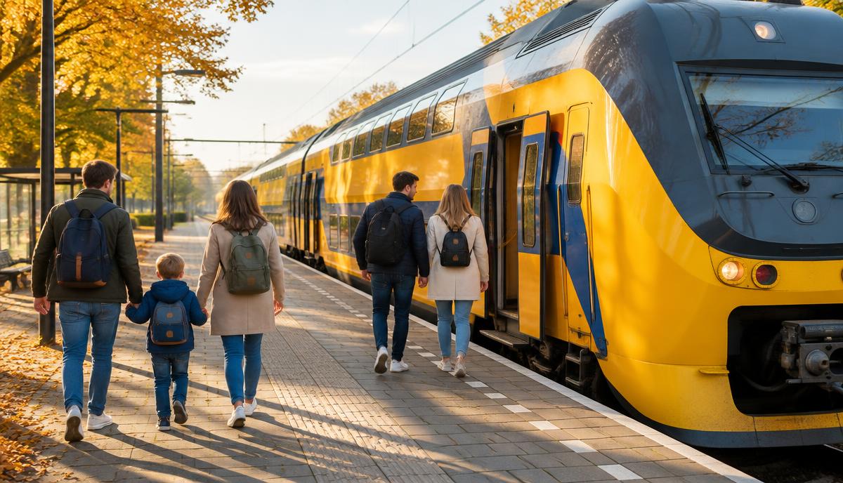 Illustratief AI-beeld van een gezin en een stel op een zonnig herfstperron bij een geel-blauwe dubbeldekstrein