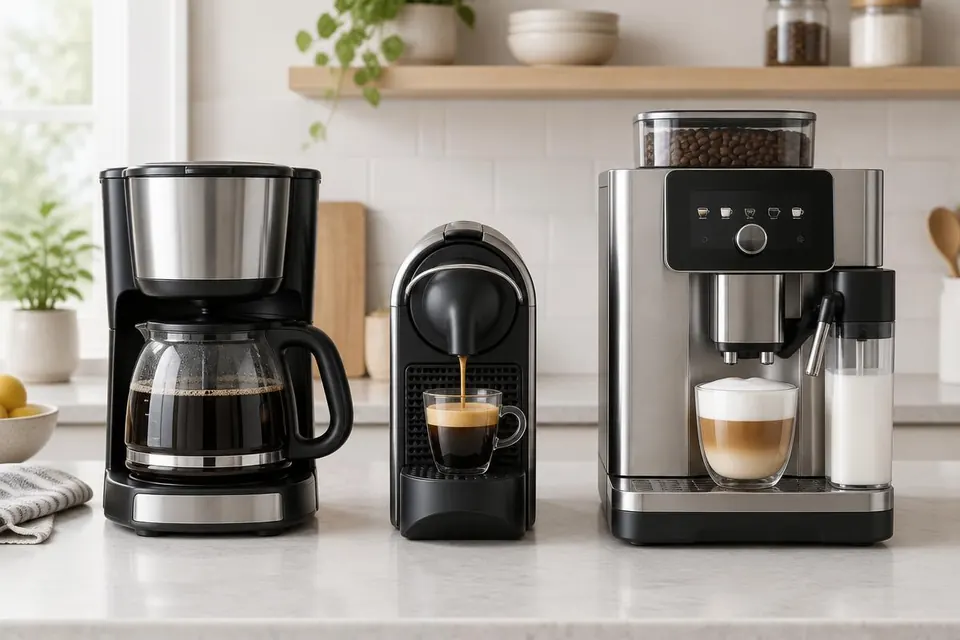 Filterkoffiezetapparaat, capsulemachine en volautomatische espressomachine naast elkaar op een keukenaanrecht