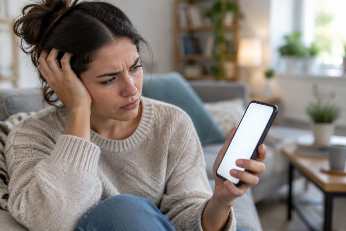 Vrouw op de bank kijkt geïrriteerd naar haar smartphone die traag reageert