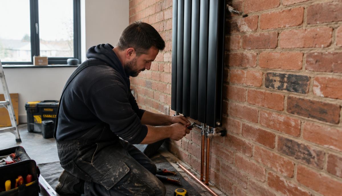 Installateur sluit een zwarte verticale radiator met middenonderaansluiting aan op een bakstenen muur