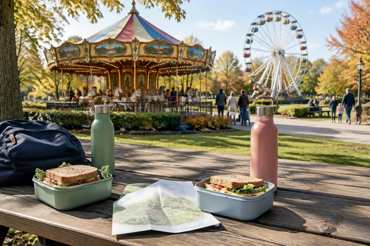 AI-illustratie van lunchboxen en drinkflessen op een picknicktafel in een fictief pretpark