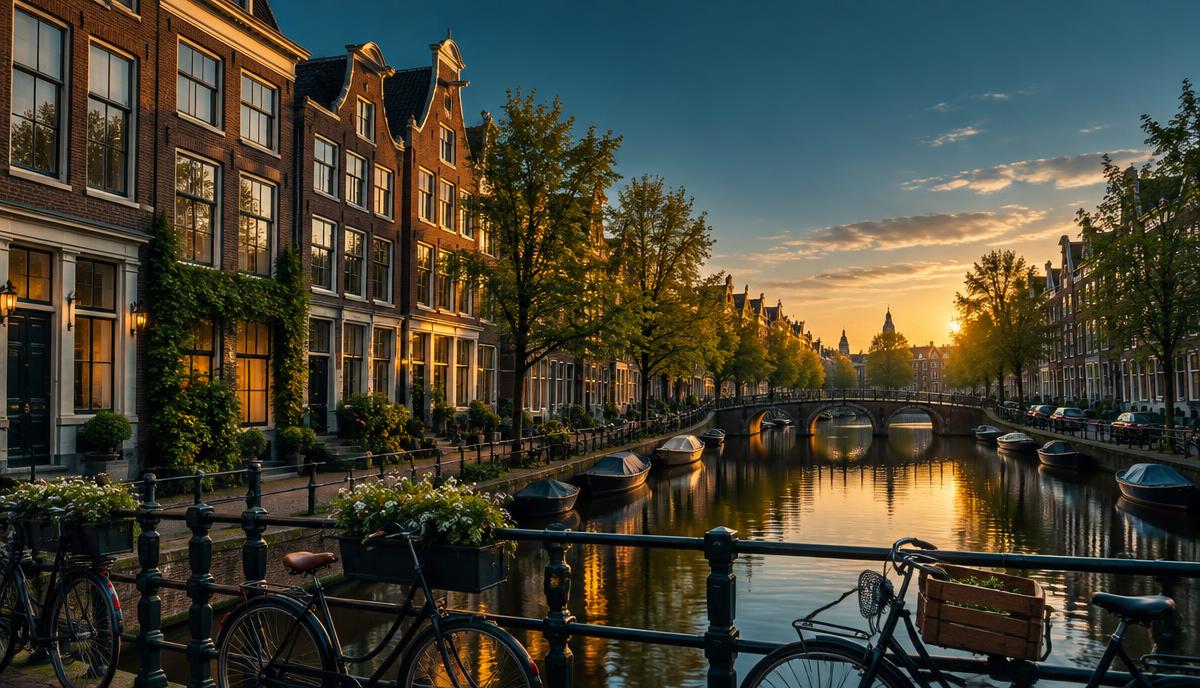 Nederlandse koopwoningen langs een gracht in avondlicht, symbool voor de waardestijging van huizen