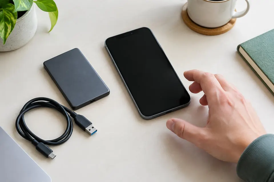 AI-illustratie van een smartphone naast een externe SSD en USB-kabel op een bureau