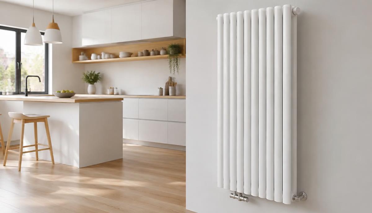 Witte verticale designradiator met geribbeld profiel in een lichte open keuken