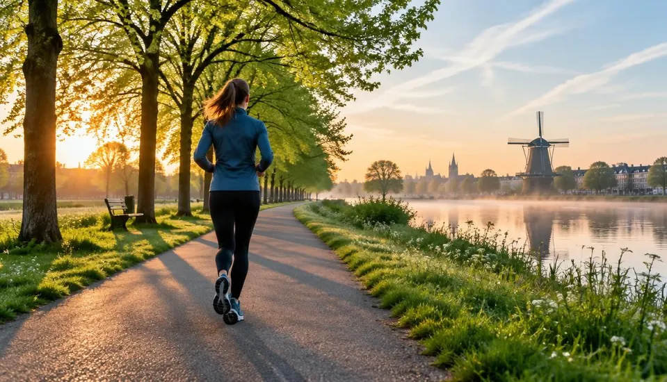 Hardloper op een parkpad bij zonsopkomst langs een Nederlandse vaart