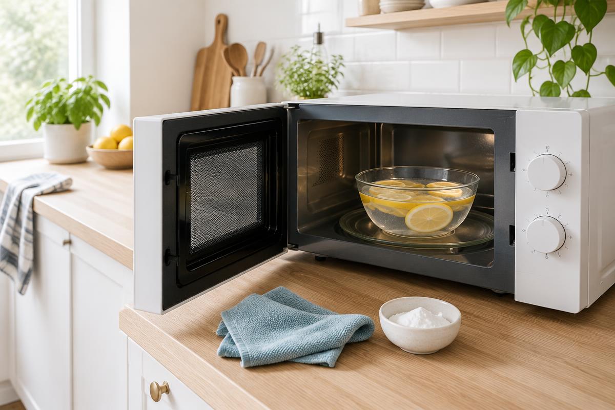 Geopende magnetron met een kom citroenwater, naast een doekje en een schaaltje baking soda op een houten aanrecht
