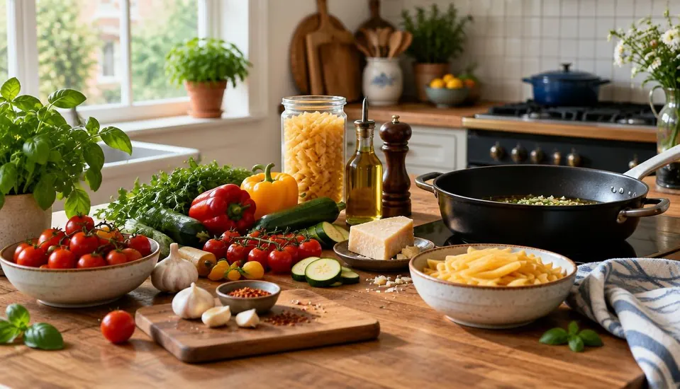 Houten aanrecht met verse groenten, pasta en een koekenpan in een lichte keuken