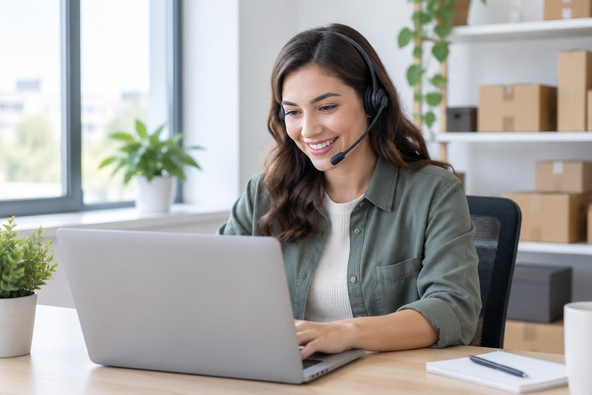 Glimlachende klantenservicemedewerker met headset achter een laptop in een licht kantoor