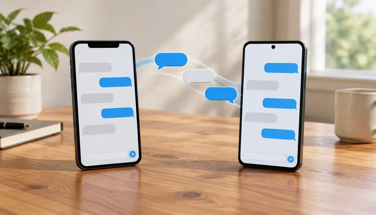 Illustratie van twee smartphones die chatberichten uitwisselen; AI-gemaakt, geen specifiek model.