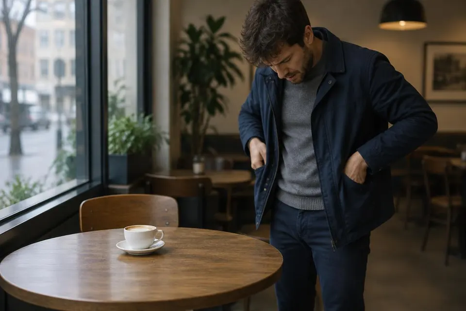 Man zoekt in zijn jaszakken naar zijn telefoon naast een tafel met een kop koffie