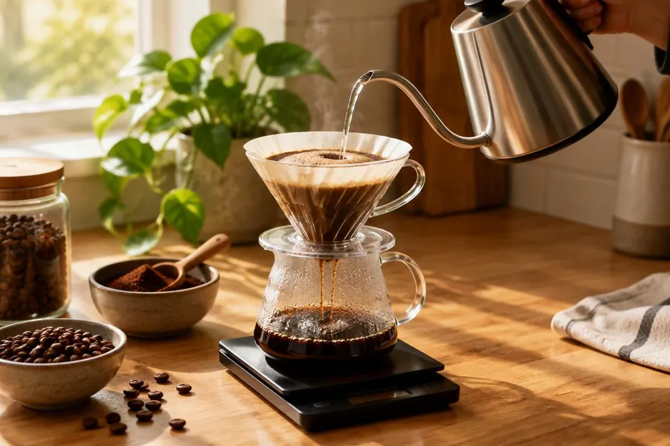 Pour-over koffie wordt gezet met een waterkoker met zwanenhals boven een filter op een keukenweegschaal