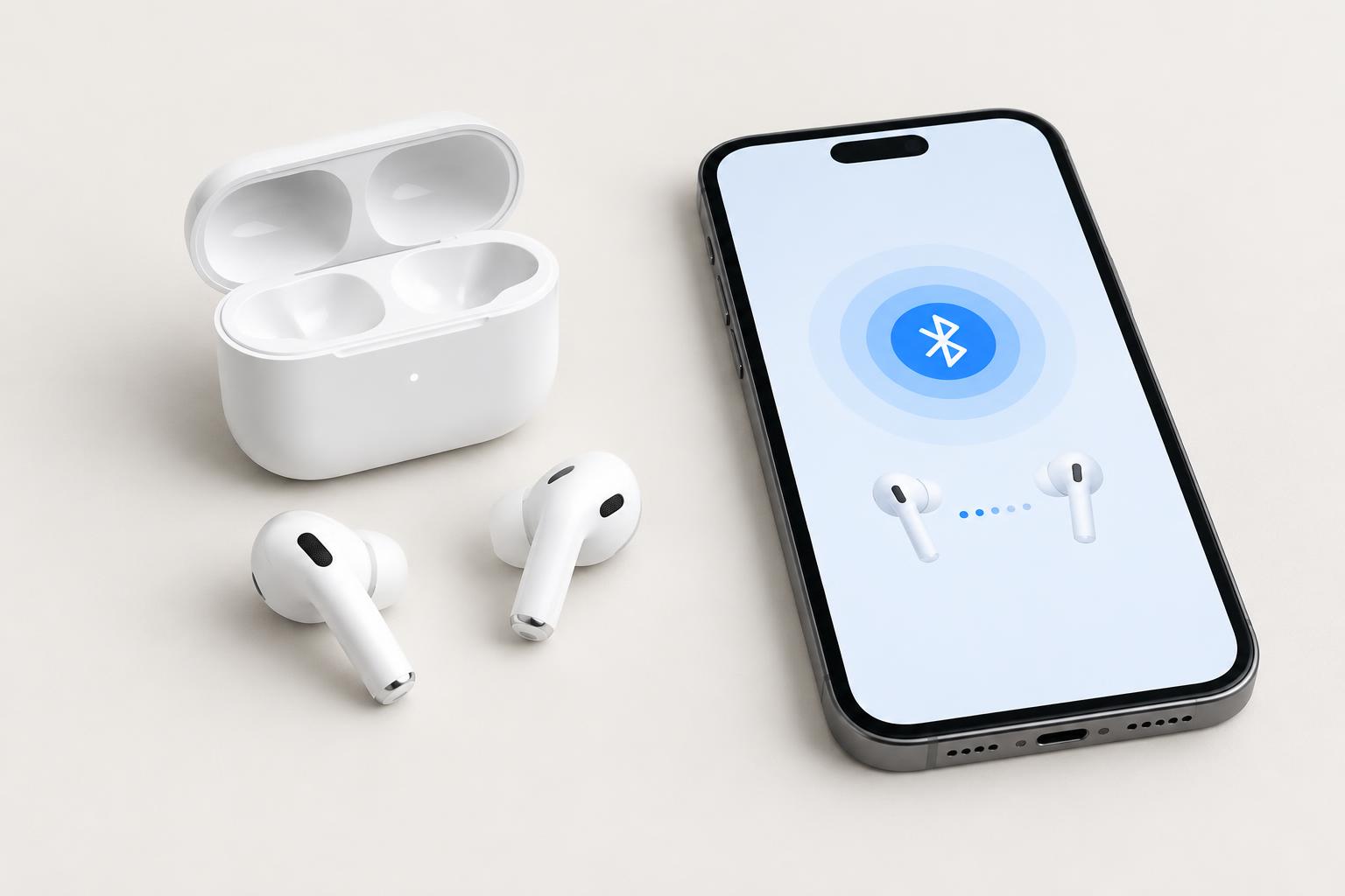 Illustratie van witte draadloze oordopjes met oplaadcase naast een smartphone met een Bluetooth-koppelingsscherm; AI-gemaakt, geen specifiek model.