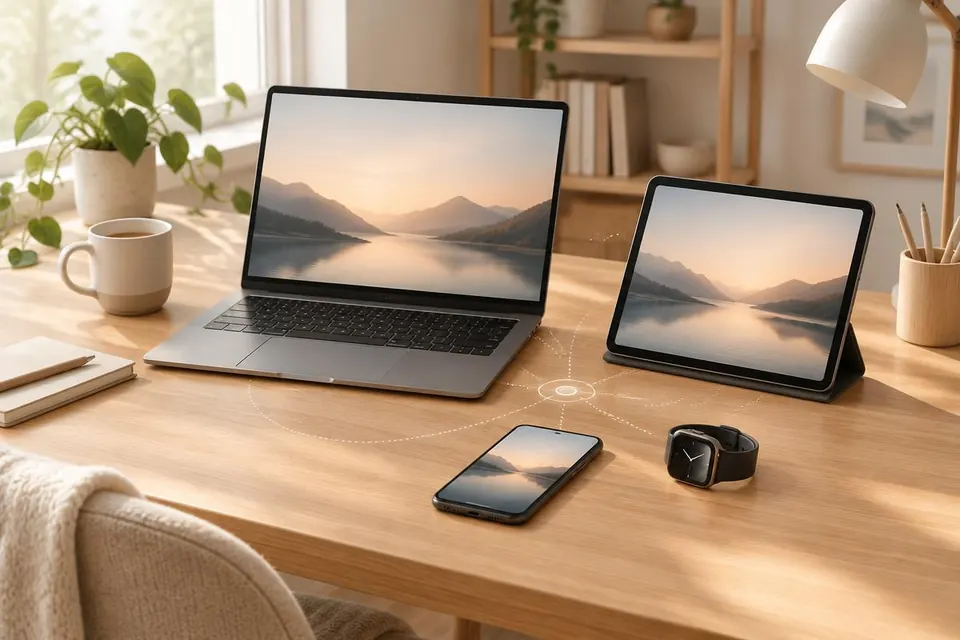 Laptop, tablet, smartphone en smartwatch samen op een bureau in een lichte werkplek