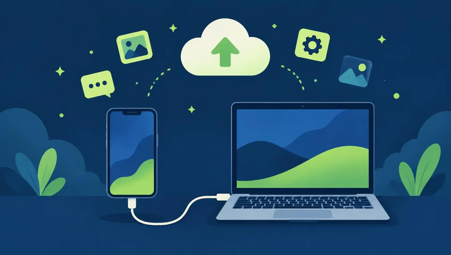 AI-illustratie van een smartphone met kabel aan een laptop en een cloud met uploadpijl; geen specifiek Apple-product