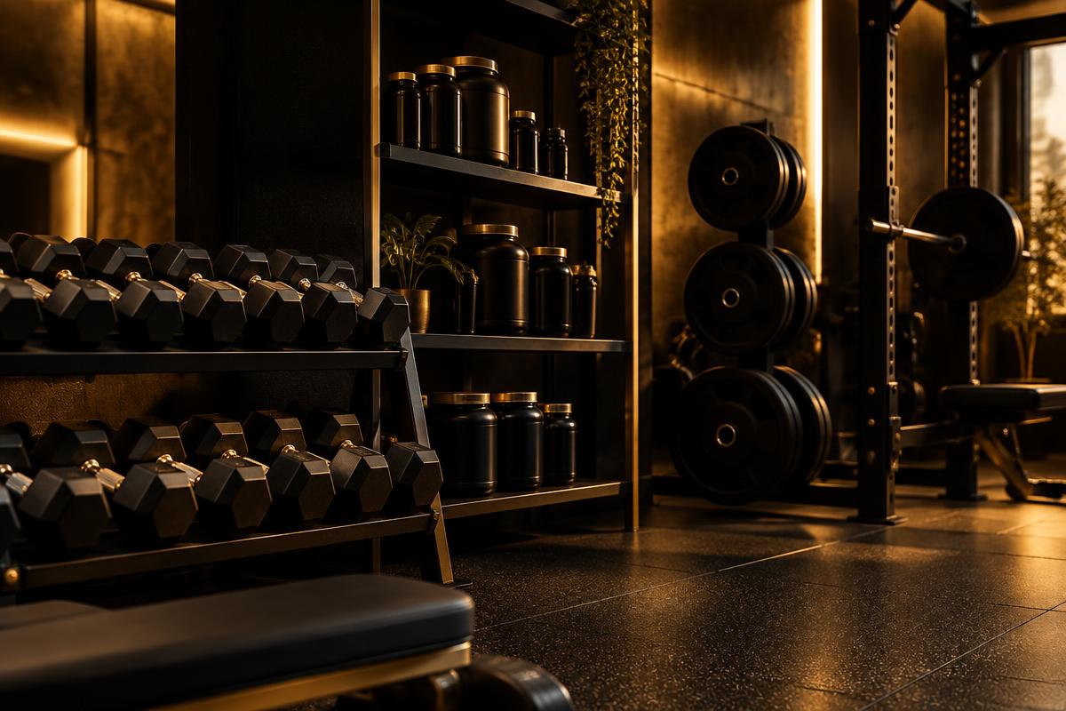 Sportschool met gouden licht, supplementen en gewichten in de stijl van Joel Beukers