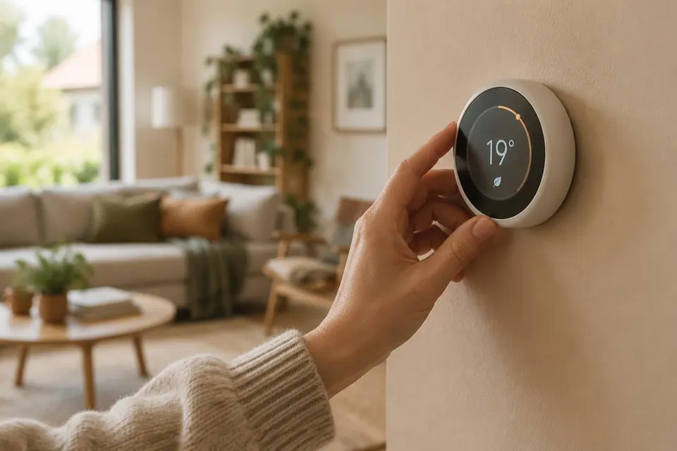Hand stelt een ronde slimme thermostaat in op een warme wand in een woonkamer met zacht daglicht