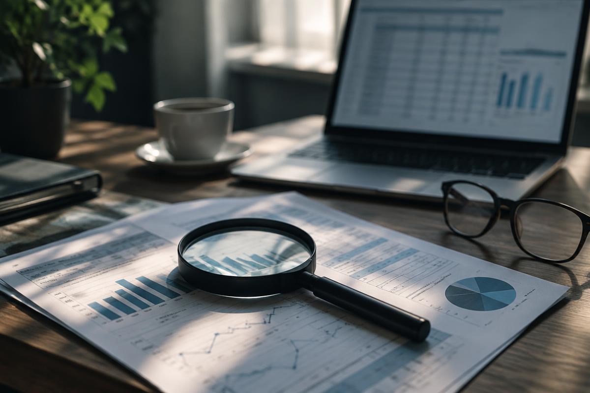 Vergrootglas op financiële overzichten naast een laptop