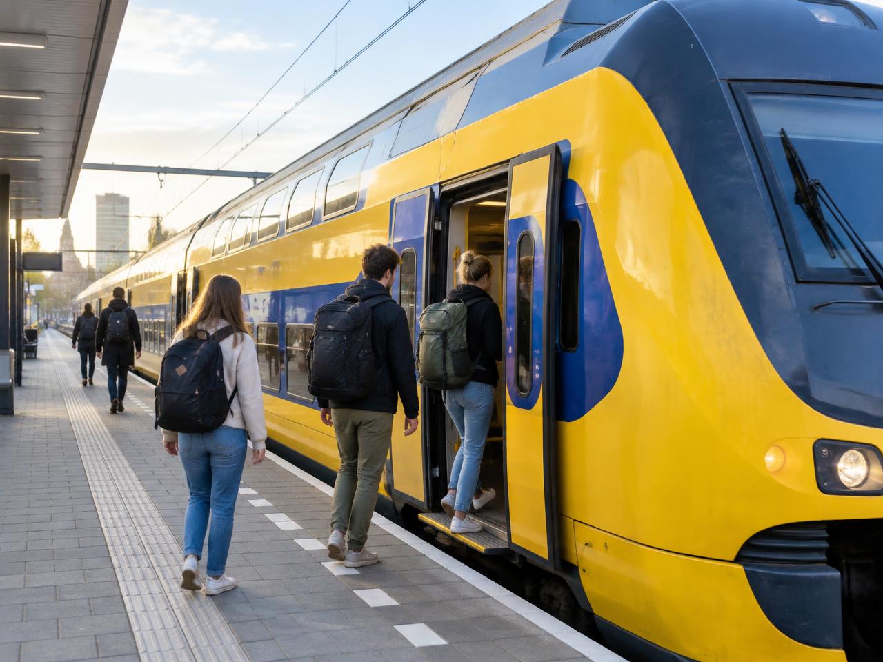 Reizigers stappen in een gele Nederlandse trein op een station
