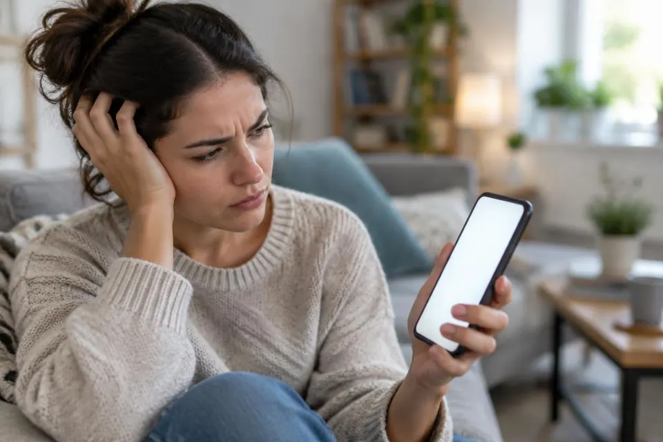 Vrouw op de bank kijkt geïrriteerd naar haar smartphone die traag reageert