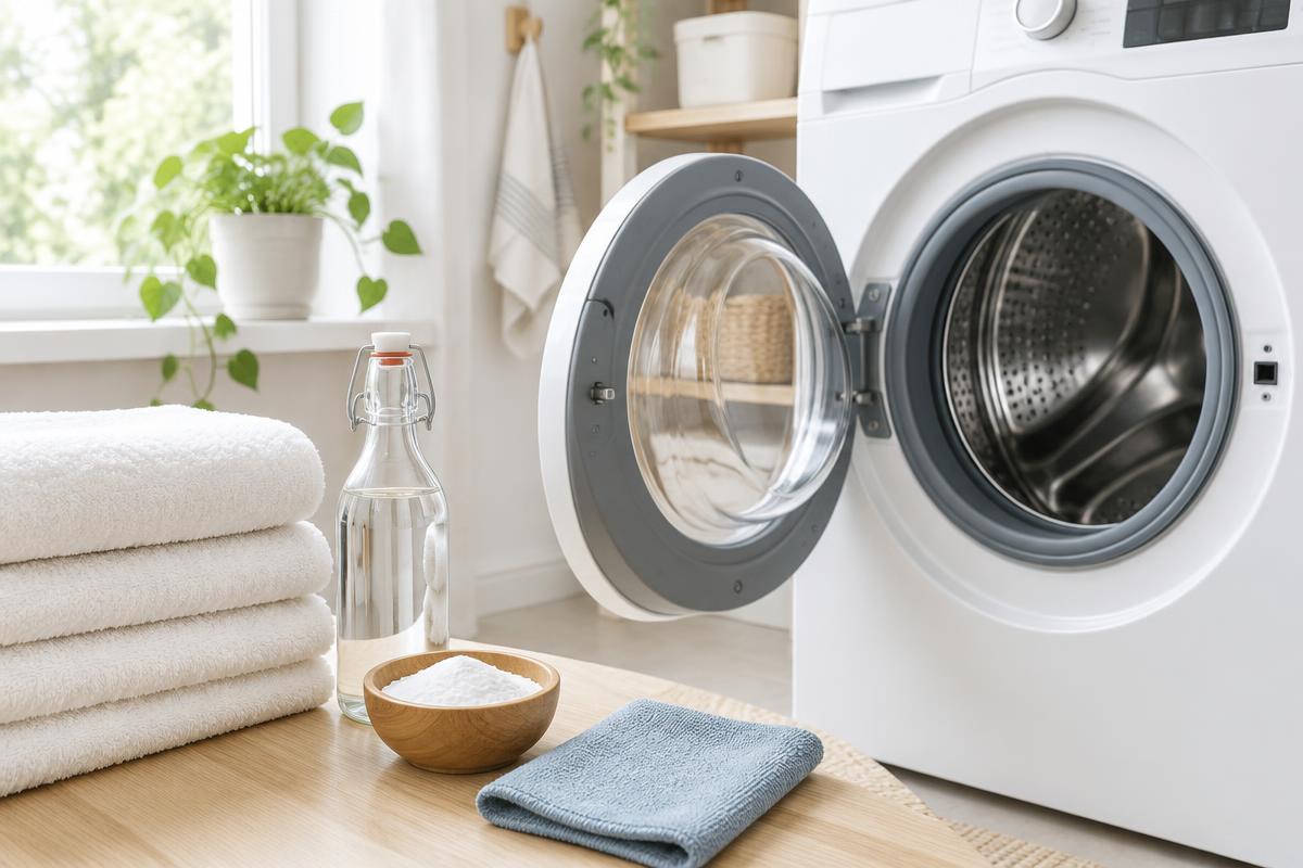 Open voorlader wasmachine met schone rubberen manchet, handdoeken, schoonmaakazijn en soda