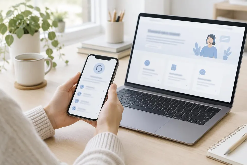 Persoon met smartphone in de hand naast een laptop met een hulppagina op het scherm