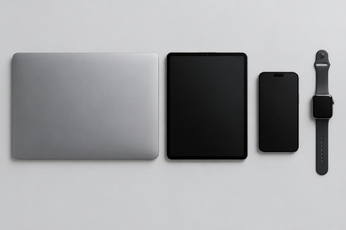 Laptop, tablet, smartphone en smartwatch naast elkaar op een lichtgrijs bureau