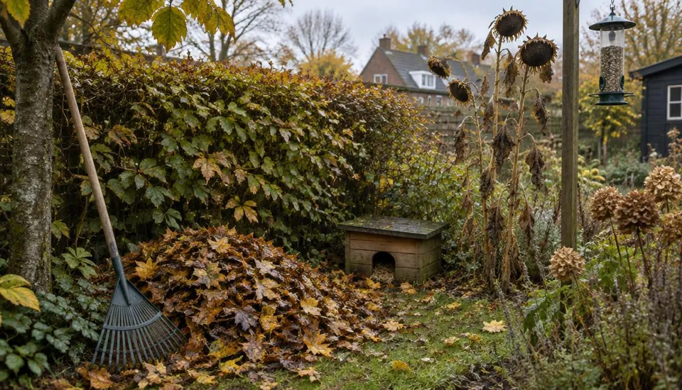 Herfsttuin met een hoop afgevallen blad onder een heg, een hark, een houten egelhuisje, uitgebloeide zonnebloemen en een vogelvoersilo