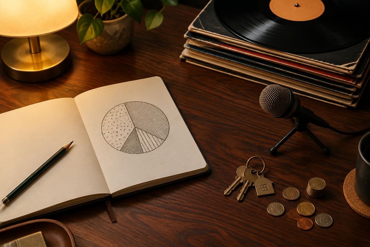 Notitieboek met cirkeldiagram, langspeelplaten, microfoon en huissleutels op een bureau